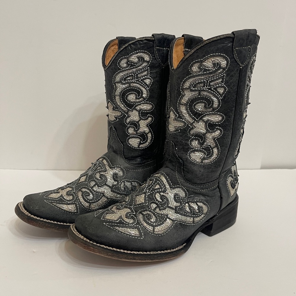 Little Girl’s Western Cutout Gray with Silver Leather Cowgirl Boots size 12.5